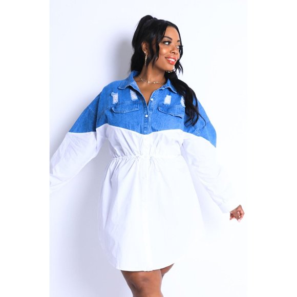 Women's Sexy Denim Block Casual Mini Dress Plus Size White Denim Curvy Outfit - Picture 3 of 12